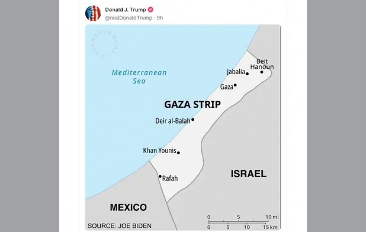 Trump ha voluto sottolineare la nuova mappa del mondo disegnata da Biden, dove il Messico confina con Gaza