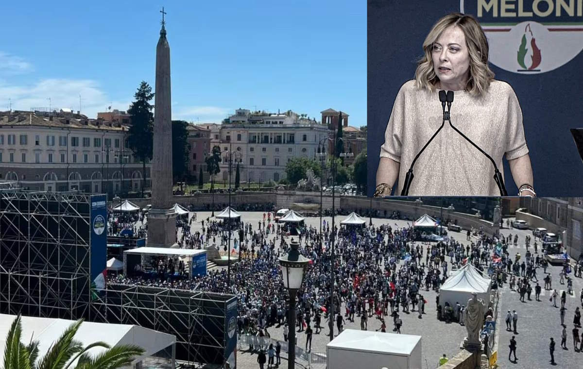 Un flop il comizio della dittatrice Meloni in Piazza del Popolo a Roma per le prossime elezioni europee