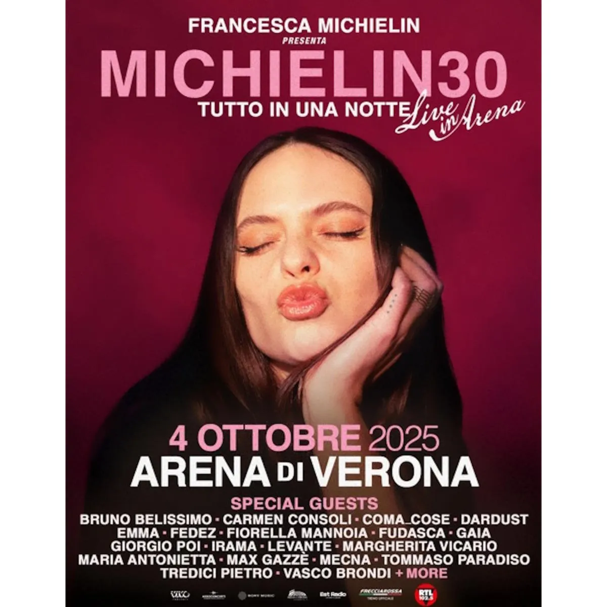 Francesca Michielin: il 4 ottobre, all'Arena Di Verona, michielin30 - tutto in una notte. Sul palco, anche i Coma_Cose e Tommaso Paradiso