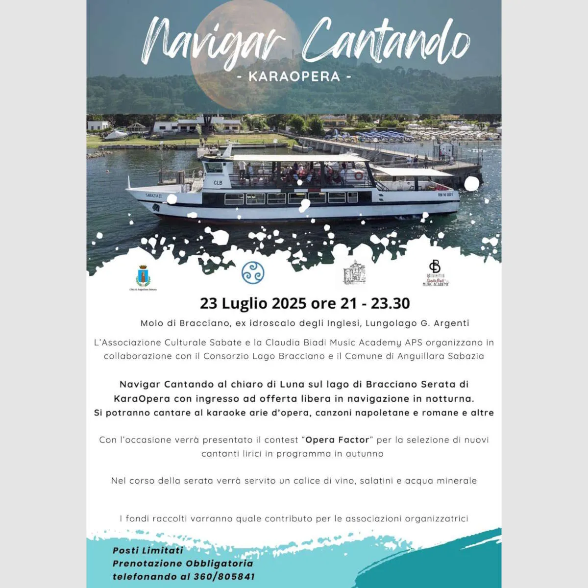 Navigar Cantando al chiaro di Luna sul lago di Bracciano: serata inedita da non mancare il 23 luglio